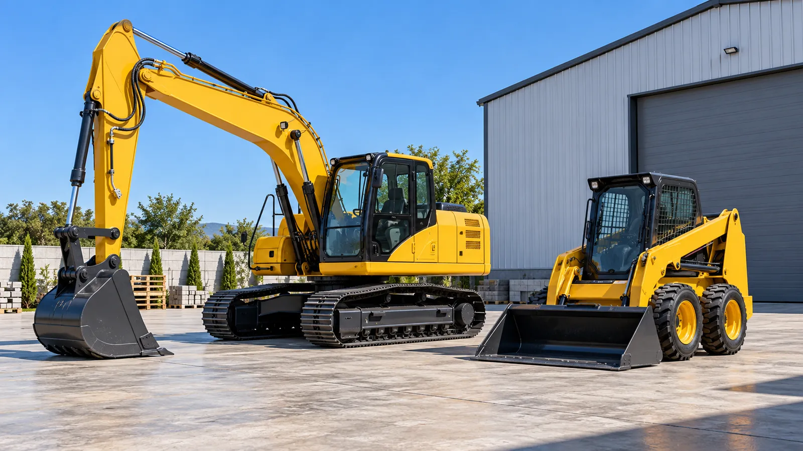 Excavator nou și mini încărcător parcate în curtea unei firme, lângă o hală metalică